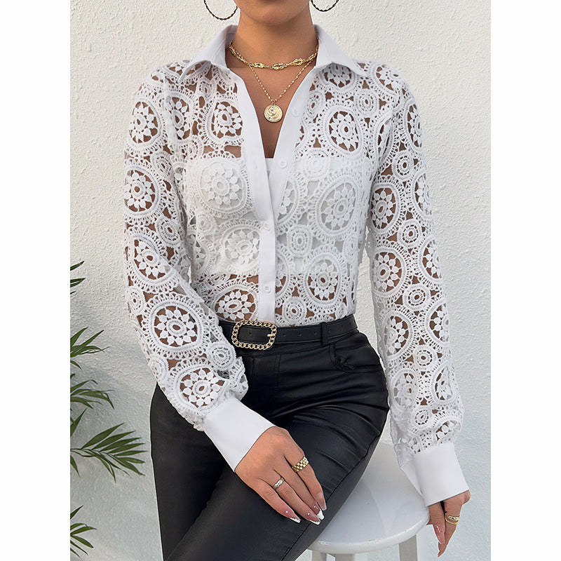 Women's Lace Floral Boho Blouse - Long Sleeve Button Down Shirt For Spring & Fall