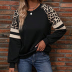 Women's Leopard Print Raglan Sweatshirt - Casual Striped Sleeve Pullover, Fashion Long Sleeve Top