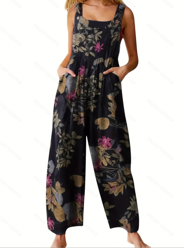 New Women's Ethnic Style Suspender Button Printing Jumpsuit
