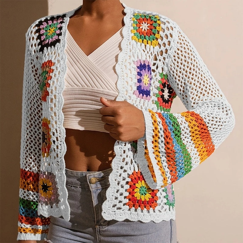 Women's Elegant Crochet Cardigan - Long Sleeve Open Front Vibrant Color Block Coat