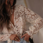 Women's Solid Color V-Neck Long Sleeve Blouse Floral Lace Embroidery Ruffled Neckline & Cuffs Drawstring Sleeves Button Front Semi-Sheer Elegant Summer Top