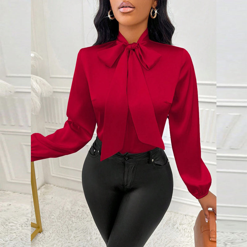 Women's Elegant Satin Blouse With Tie Neck, Ruffle Detail Long Sleeve Pullover For Spring And Fall Formal Wear