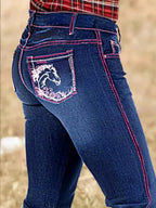 Women's Western Bootcut Jeans With Horse Embroidery, Mid-Rise Stretch Denim With Pink Contrast Stitching, Cowgirl Rodeo Style