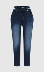 Athleisure Style Skinny Jeans For Women, Mid-Rise Pull-On Denim With A Sporty Drawstring Waist, Butt-Lifting Dark Wash Jeggings