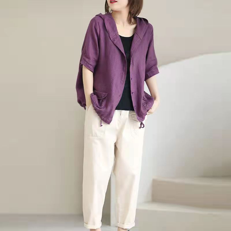 Women's Large Loose Vintage Cotton And Linen Casual Thin Hooded Cardigan