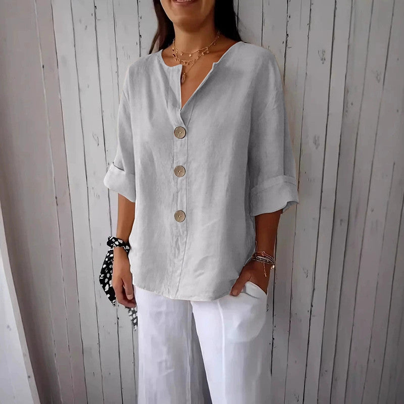 Loose Comfort And Casual V-neck Cotton And Linen Button Top