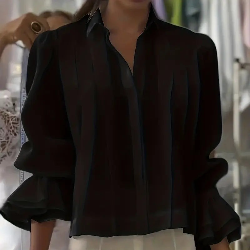 Women's Loose Ruffle Flare Sleeve Blouse, Notch Lapel Button-Down Shirt For Spring And Fall Office Wear