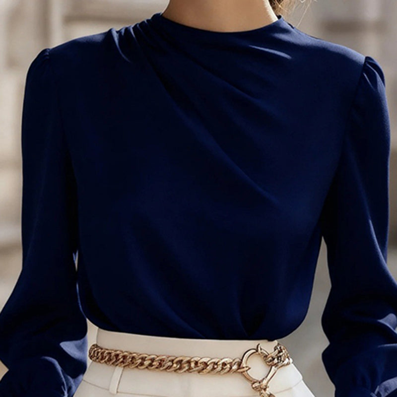 Women's Pleated Long Sleeve Blouse, Round Neck Business Casual Shirt, Dressy Fall 2025 Work Tops