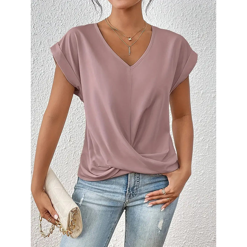Women's Comfy Casual Summer Tops Short Sleeve V Neck Blouses T Shirts Twist Knot Basic Tees