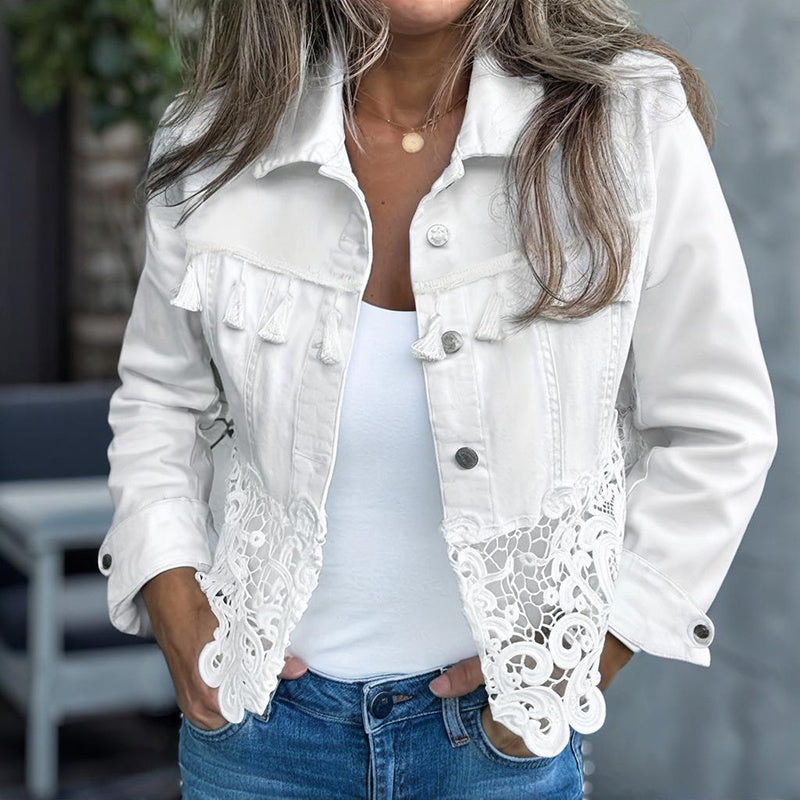 Women's Lace Hollow Out Jacket - Chic Long Sleeve Button Down Shirt With Tassel Details