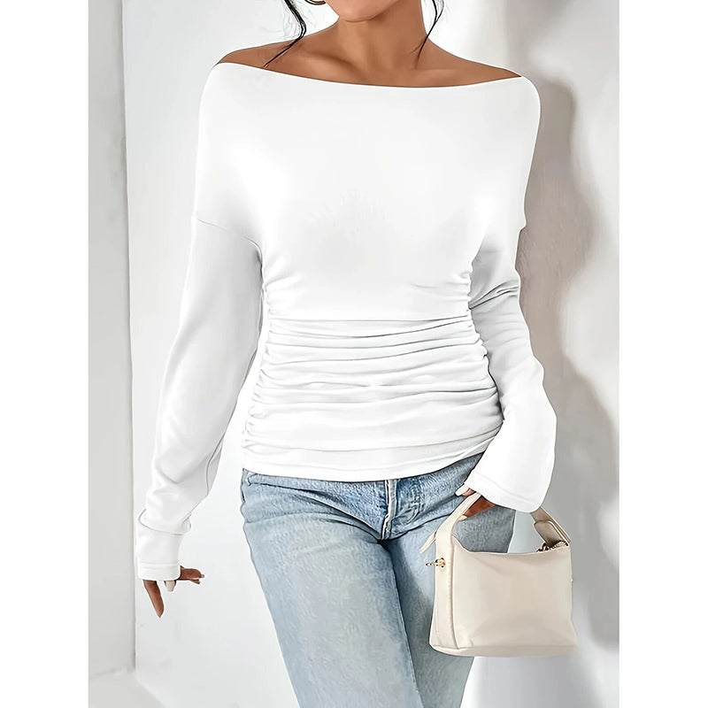 Women's Off The Shoulder Tops Long Sleeve T Shirts Going Out Tops Casual Trendy Ruched Slim Fitted Tees