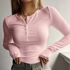 Women's Button-Front Ribbed Knit Top Round Neck Long Sleeve Fitted Sweater For Spring And Fall