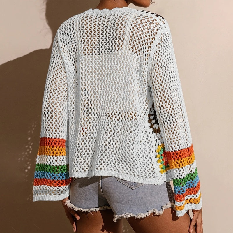 Women's Elegant Crochet Cardigan - Long Sleeve Open Front Vibrant Color Block Coat