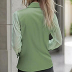 Women's Elegant Satin Blouse With Mesh Sleeves, Solid Color Chic Button-Up Shirt
