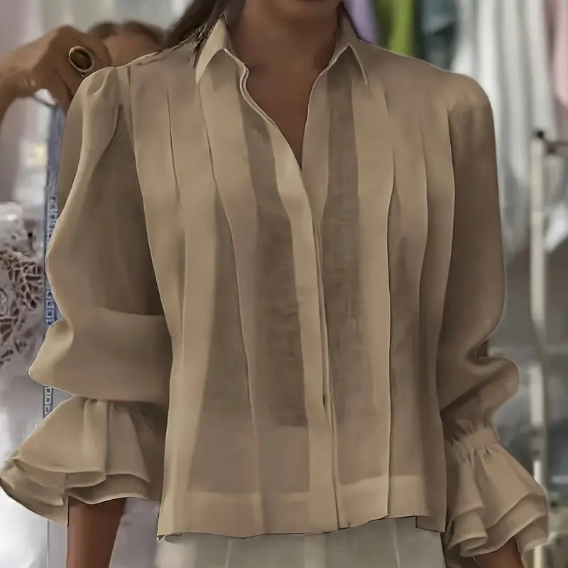 Women's Loose Ruffle Flare Sleeve Blouse, Notch Lapel Button-Down Shirt For Spring And Fall Office Wear