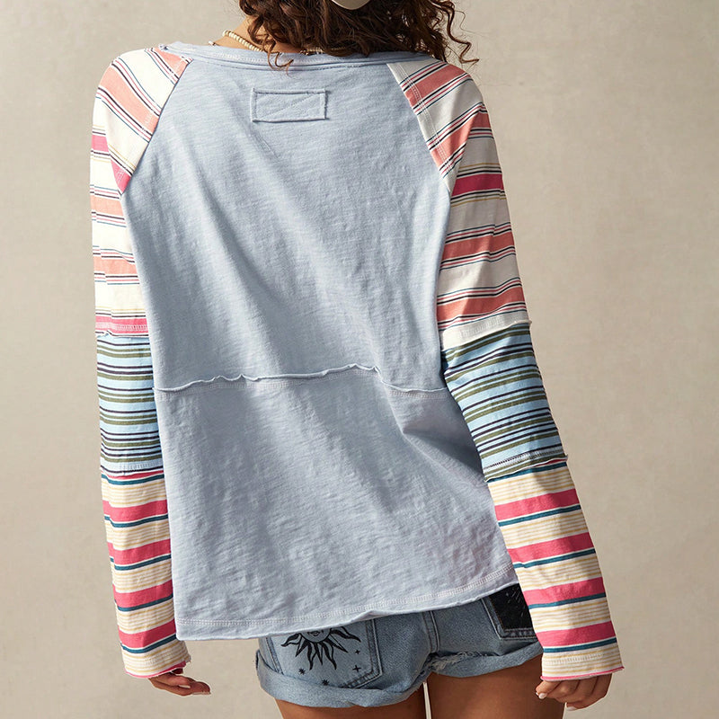 Women's Striped Long Sleeve Top Round Neck Pullover With Unique Patchwork Design For Spring&Fall