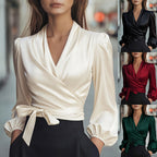 Women's Elegant Solid Color V-Neck Satin Long Sleeve Blouse, Tie Waist Professional Office Shirt For Spring Autumn