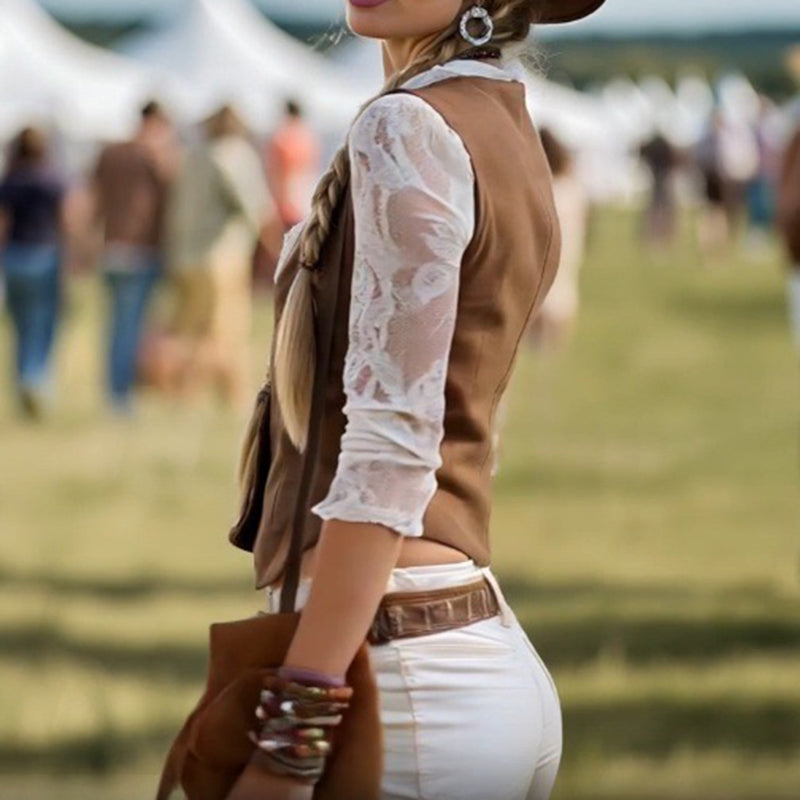 Women's Elegant Lace Trim Mock Two-Piece Blouse, Western Style V-Neck Top With Lace Sleeve For Office & Casual Wear