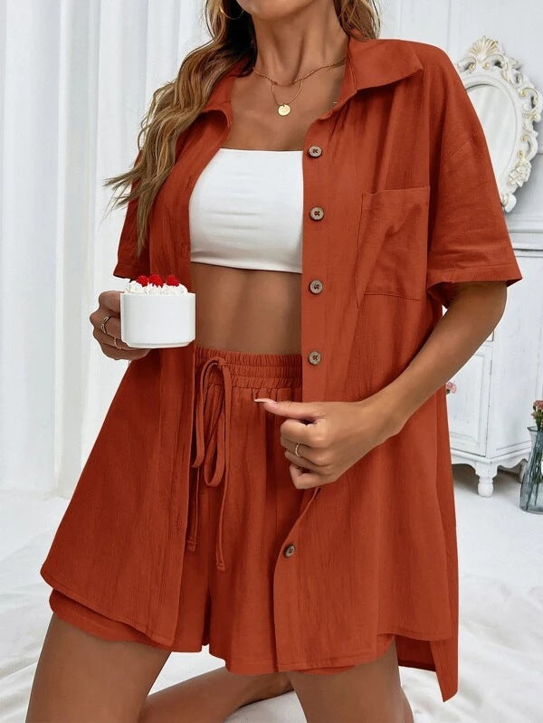 Women's Fashion Shorts Two Pieces Solid Color Shirt Suit