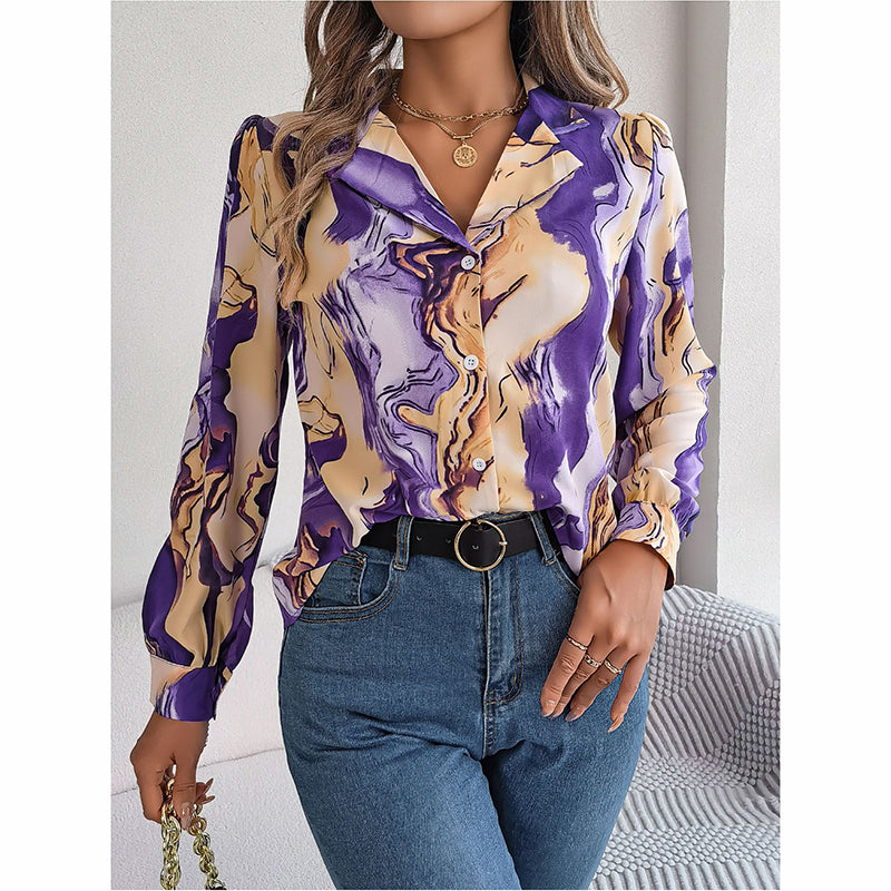 Women Fashion Button Down Shirts V Neck Printed Long Sleeve Blouses Dressy Casual Fall Tops