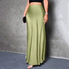 Women's Elegant Satin High Waist Flared Midi Skirt Cocktail Party Wedding Long Skirt
