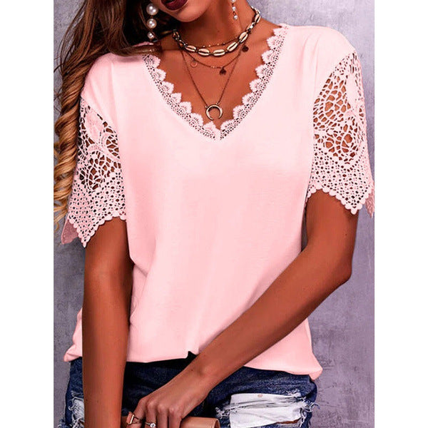 Lace Paneled Loose V-Neck Short Sleeves For Women