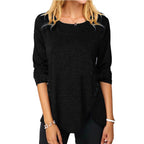 Irregular Button Hem Long Sleeved Round Neck Oversized T-shirt