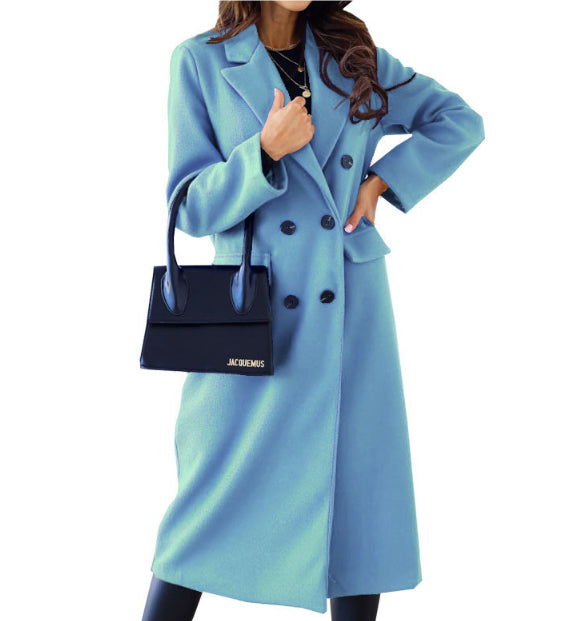 Women's Fashion Simple Double Breasted Long Sleeve Lapel Button Woolen Coat