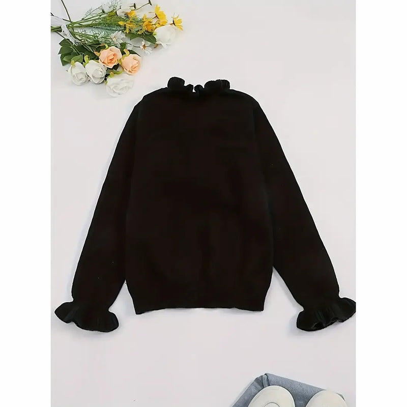 Women's Long Sleeve Ruffle Sweaters V Neck Lightweight Knitted Pullover Sweater Tops