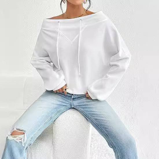 Women's Loose Solid Color Casual Drawstring Off-the-shoulder Off-shoulder Top