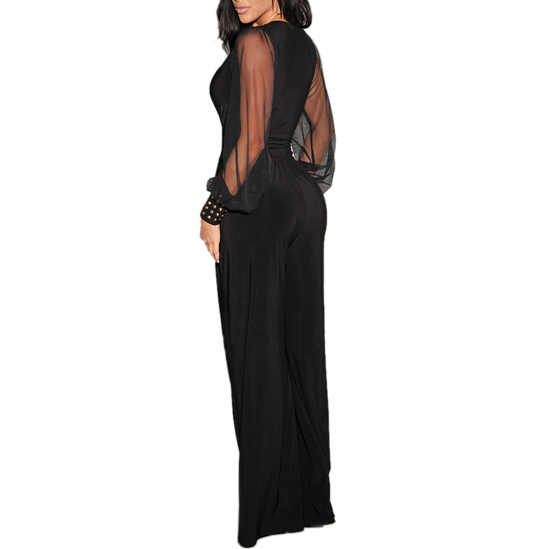 Women's Elegant V Neck Mesh Long Sleeve Loose Wide Leg Romper Party Jumpsuits With Rivet Cuffs