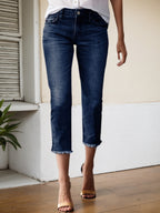 Women's Stretch Slim Fit Seven Quarter Denim Pants - High Stretch Frayed Edge Pocket Mid Waist Denim Seven Quarter Pants, Shallow Water Washed Blue Casual Elegant Versatile, Comfortable Fit, Durable C