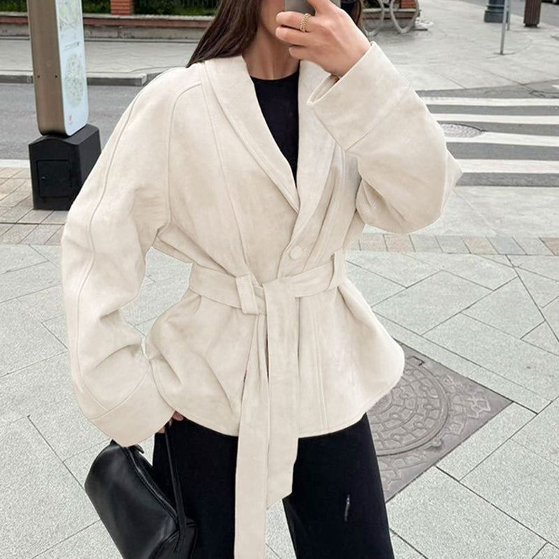 Women's Vintage Faux Suede Jacket - Self Tie Waist Belted Coat, Retro Solid Color