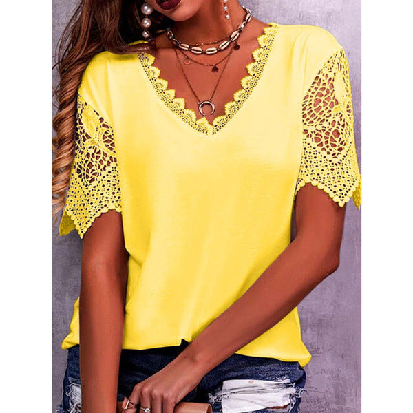 Lace Paneled Loose V-Neck Short Sleeves For Women