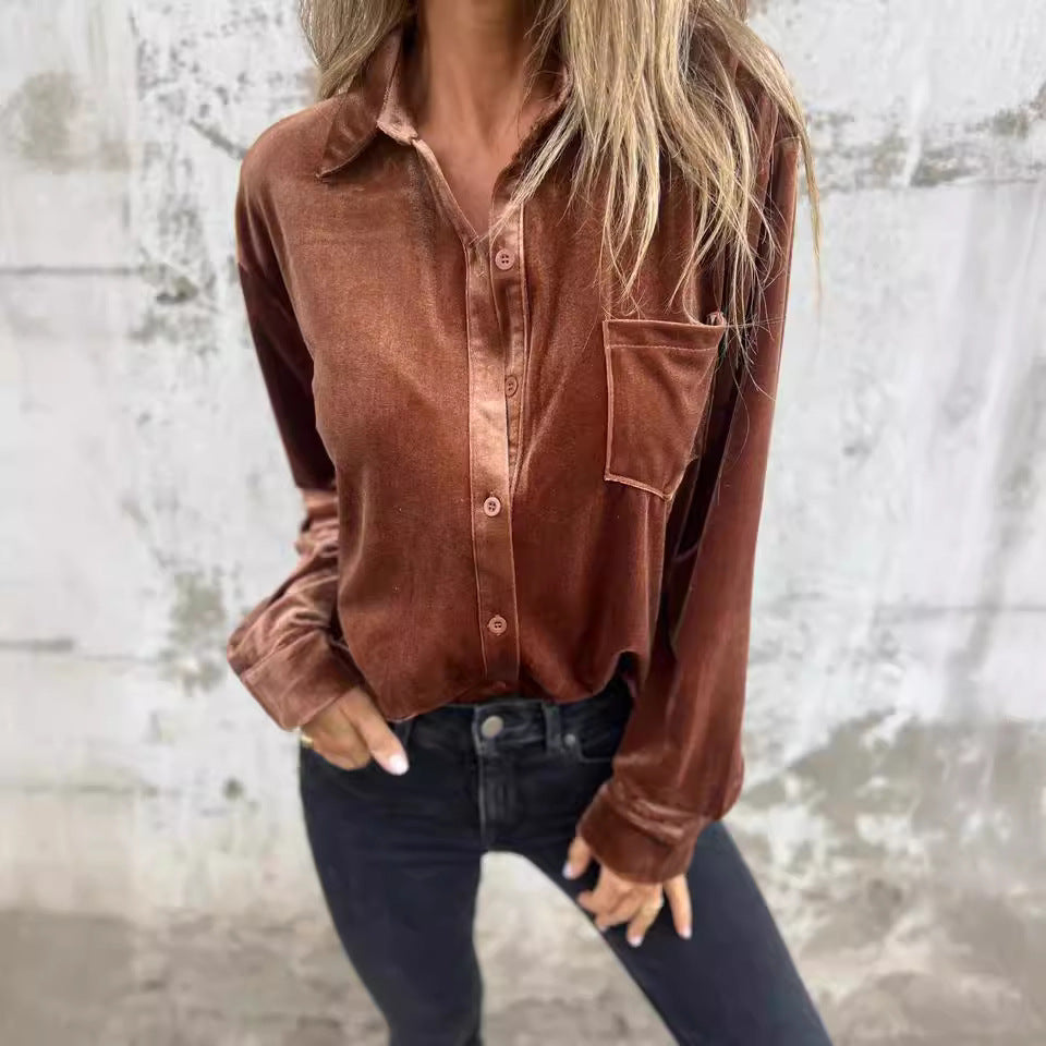 Women's Velvet Long-sleeved Single-breasted Shirt Casual Lapel Long Sleeve Solid Color Tops Daily Wear