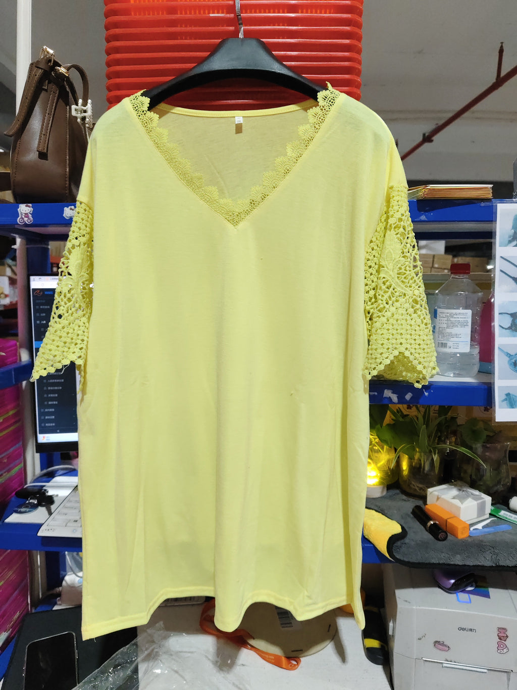 Lace Paneled Loose V-Neck Short Sleeves For Women