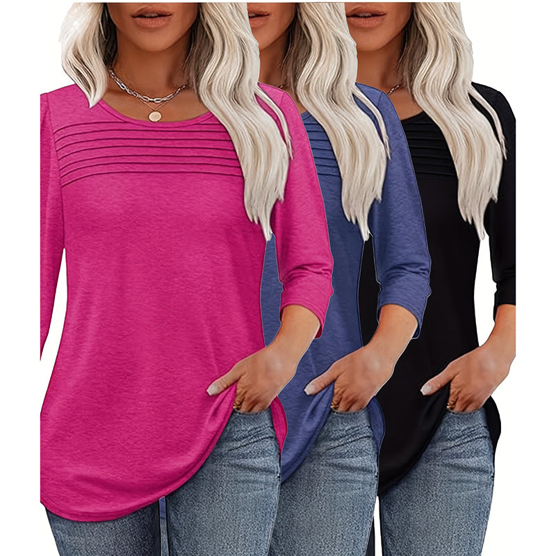 Women's 3-Pack 3 4 Sleeve Tunic Tops, Round Neck Pleated Blouse, Dressy Casual Shirts For Spring Summer Fall
