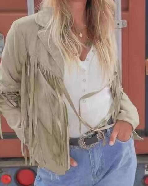 Women's Slim Top Long Sleeve Printed Tassel Jacket