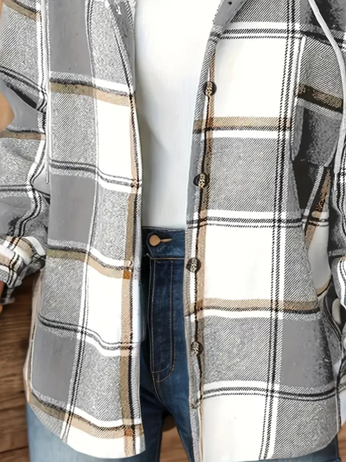 New Plaid Pattern Long Sleeved Hook And Loop Wool Lined Hooded Jacket For Warmth, Women's Plaid Hooded Drawstring Jacket, Single Breasted Closure, Comfortable And Casual