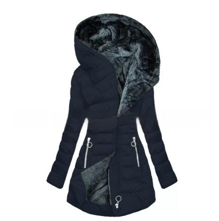 Women's Plush Hooded Mid-length Oblique Zipper Cotton-padded Coat