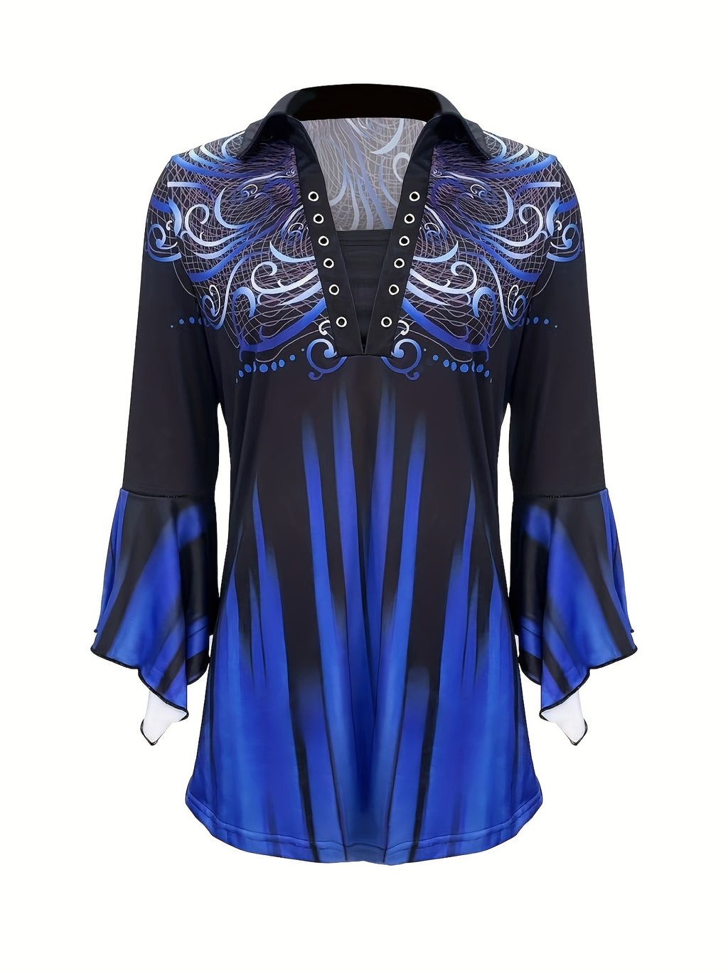 Spring And Autumn New Printed Lapel Blue Three-quarter Sleeve T-shirt Irregular Cuff Button Top