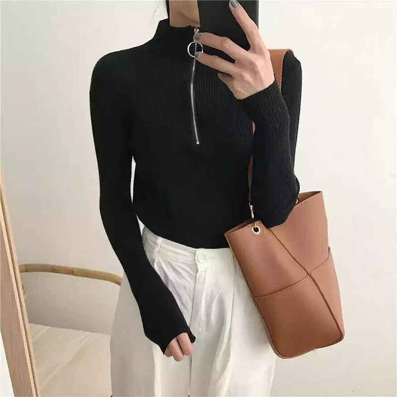 Women's Slim Fit Half-Zip Turtleneck Sweater, Long Sleeve Knit Top For Office And Casual Winter Wear