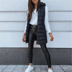 Women's Solid Color Sleeveless Hooded Vest, Mid-Length Zip-Front Waistcoat With Pockets For Spring And Fall Layering