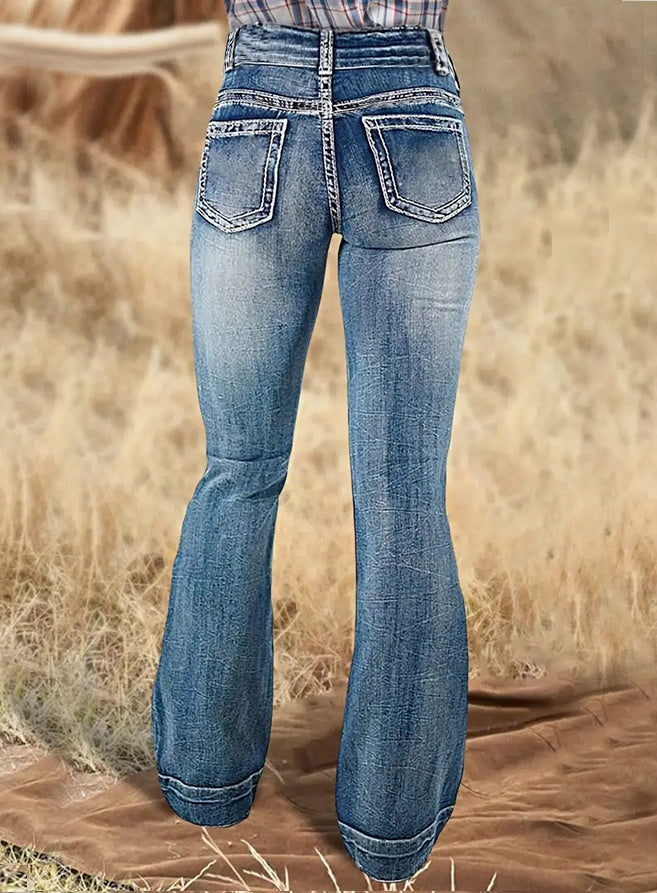 Women's Vintage High Waist Flare Jeans, Retro Paneled Bootcut Denim With Double Button Closure, Flattering Wide Leg Pants