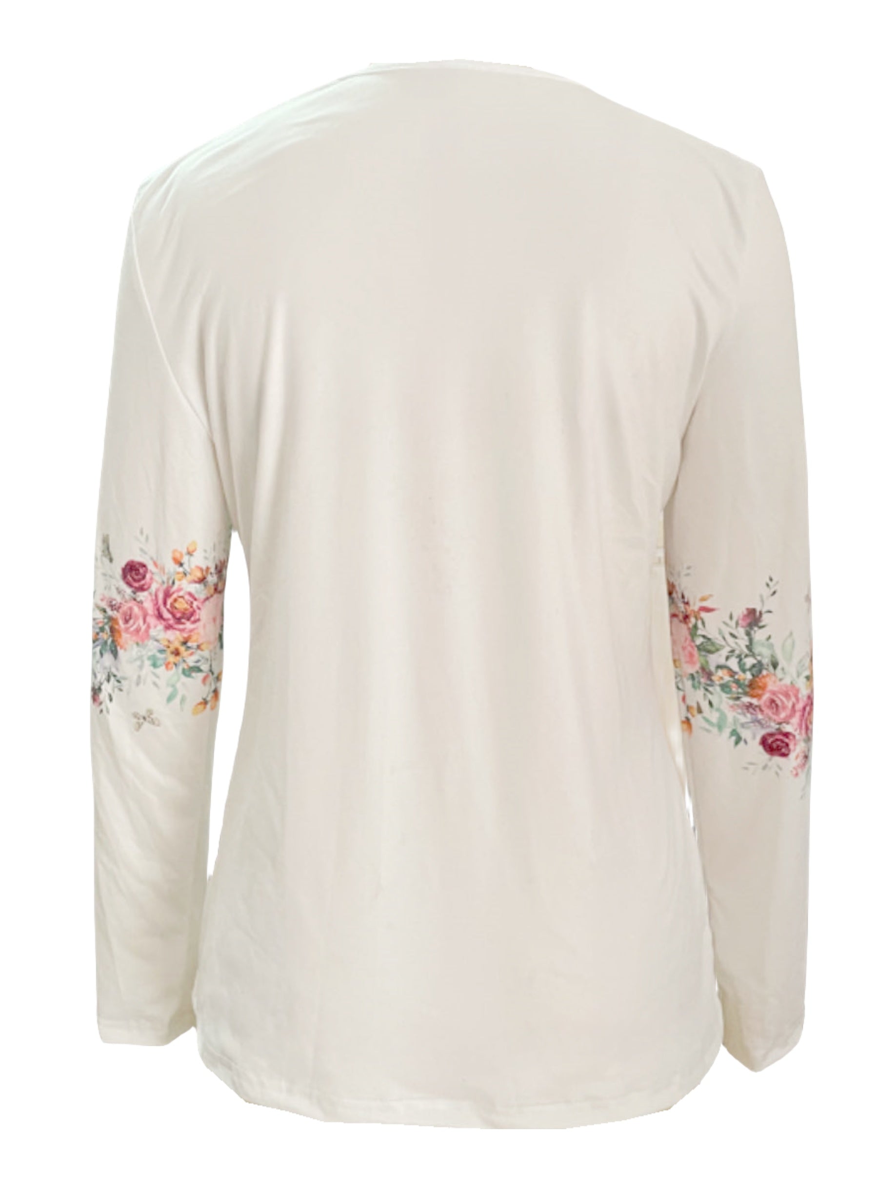 Spring And Autumn New Style White Buttoned Rose Print Long Sleeve T-shirt Casual Top