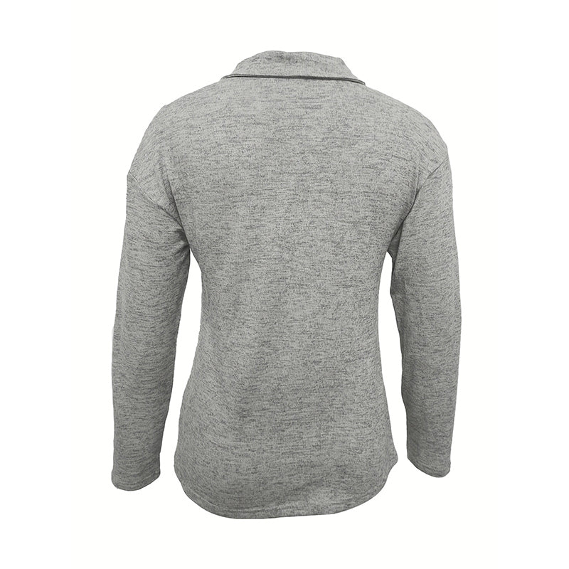 Women's Solid Color Knit Zip-Up Collar Long Sleeve Top - Casual Fashion Blouse For Spring&Fall