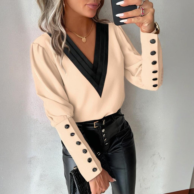 Women's V-Neck Contrast Trim Long Sleeve Blouse With Button Cuff Detail - Casual Comfort Top For Spring&Fall