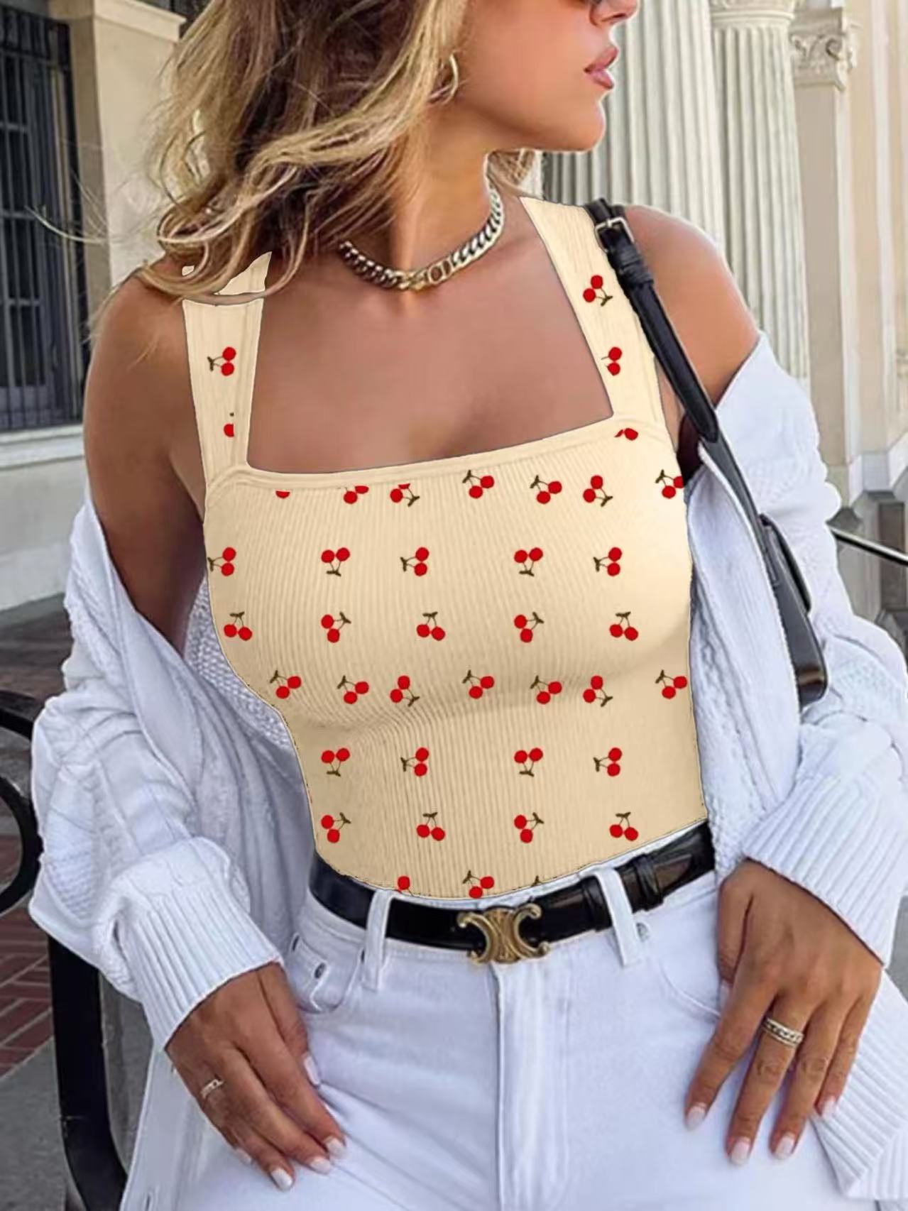 2 Packs NEW Women's Summer Outfit Baby Blue Cherry Print Jumpsuit For Women Vintage Chic, Lightweight Perfect For Commute, Comfortable Stylish, Flattering Silhouette