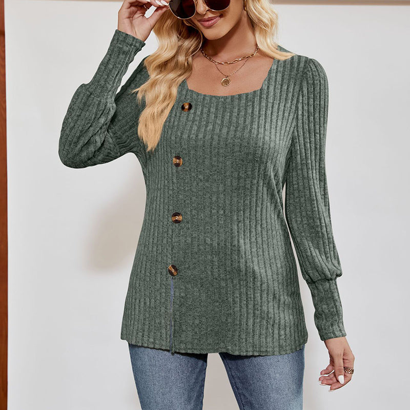 Women's Square Neck Tunic Top - Loose Fit Side Slit Long Sleeve Blouse With Button Decor