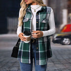 Women's Plaid Print Vest With Lapel Collar Long Sleeveless Button Front Mid-Length Jacket For Spring And Fall Layering
